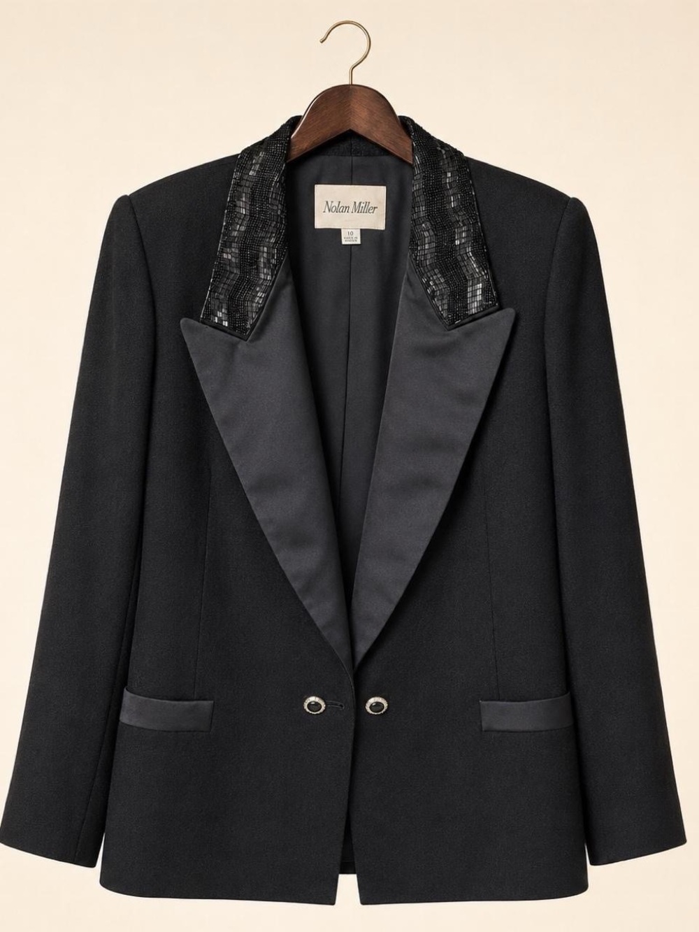 Vintage Nolan Miller Black Beaded Satin Lapel Tuxedo Blazer